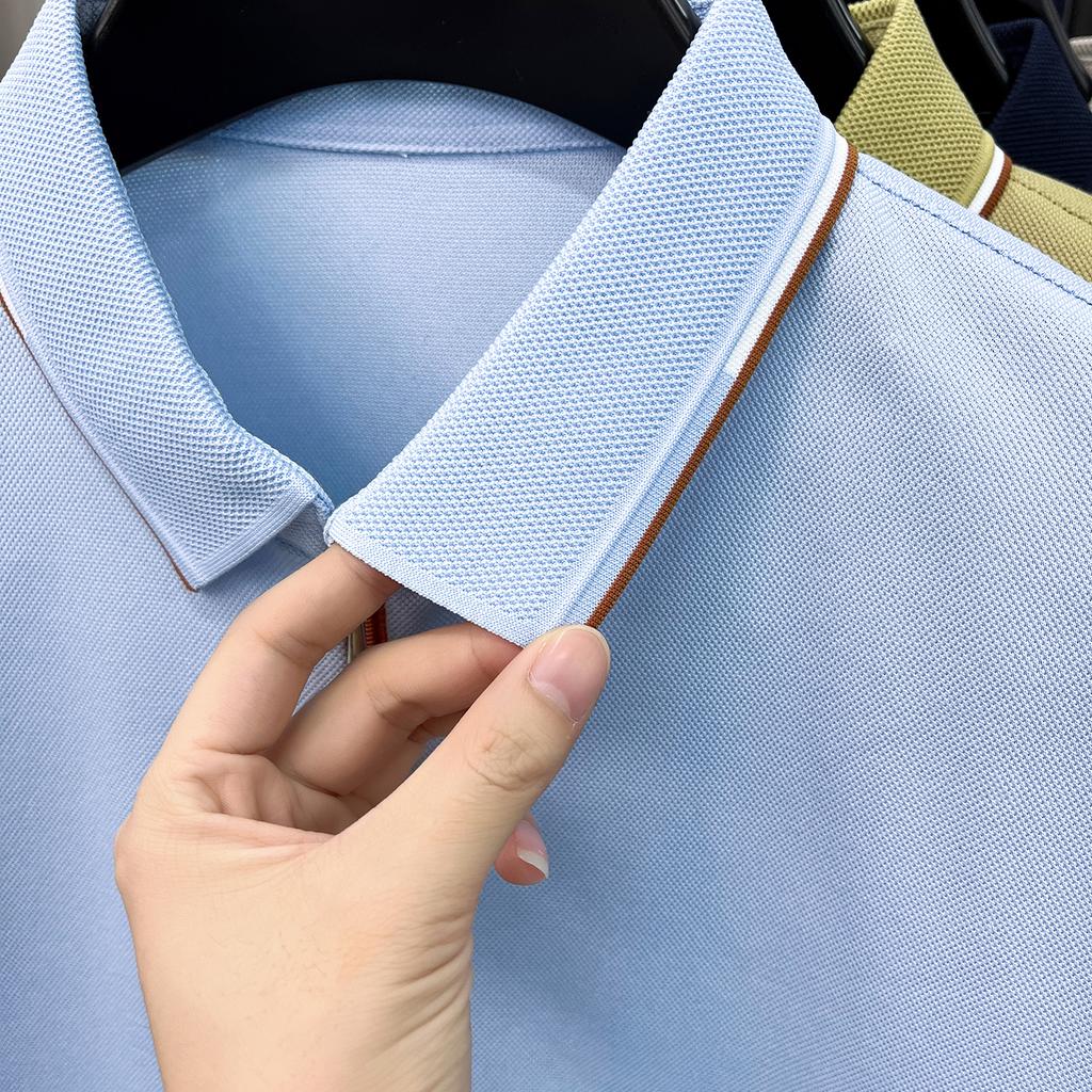 Natural Breathable Bead Ground Lightweight Anti Wrinkle Men's Flip Collar Casual Short Sleeve Top