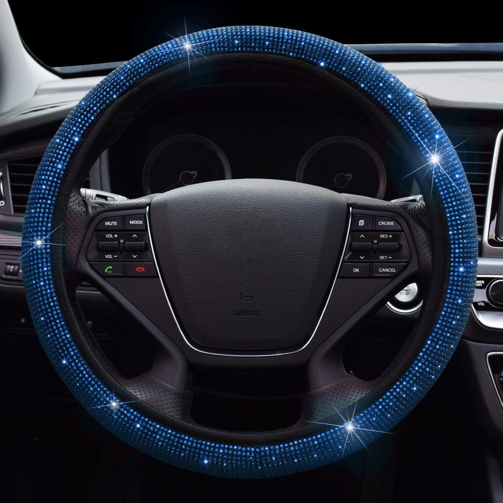 38cm Bling Rhinestones Steering Wheel Cover for Women Girl with Crystal Diamond Sparkling Car SUV Breathable Anti-Slip Universal Steering Wheel Covers
