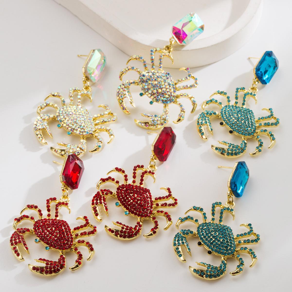 

Fashionable Personality Exaggerated Summer Ocean Vacation Style Crab Earrings Geometric Light Luxury High-end Full Diamond Earrings for Women червоний