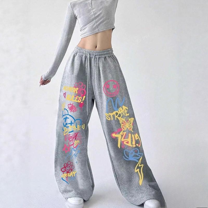 Pantaloni della tuta da donna alla moda con stampa graffiti, Pantaloni streetwear a vita alta a gamba larga, Pantaloni casual con coulisse elastica in vita per l'uso quotidiano e le uscite