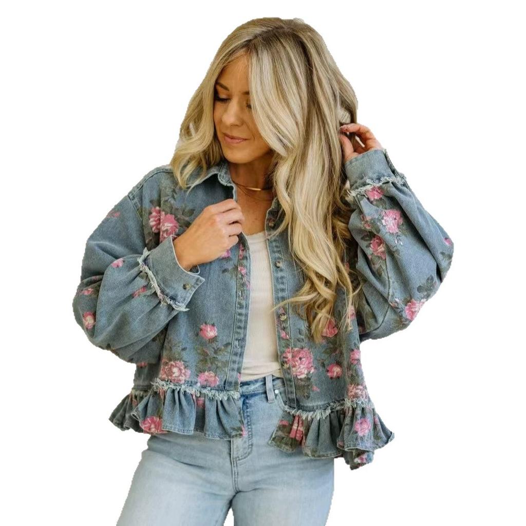 Women's Light Blue Embroidered Flower Hem Flounce Denim Jacket Casual Loose Fit Cropped Top