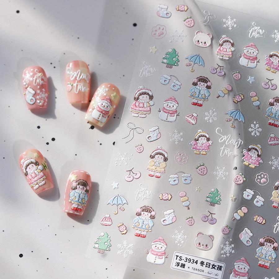 Autocolante pentru unghii cu desene animate japoneze Fată de iarnă din ferită (TS-3934)