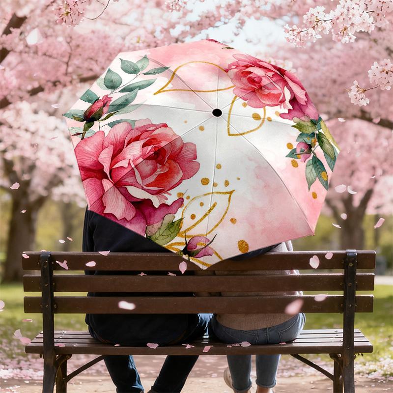 1pc Rose Floral Automatic Folding Umbrella, Heavy Duty 8 Rib Iron Frame,  Suitable for Travel, Daily Use, Birthday, Decor Gift m0104041