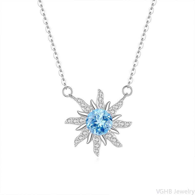 Elegant S925 Sterling Silver Sunflower Necklace, Inlaid Amethyst/Topaz Crystal, Fashion Starburst Choker Jewelry for Women