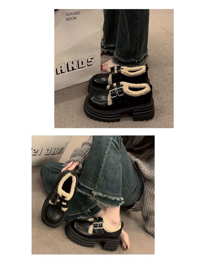 Damen Britischer Stil Fleecegefütterte Doppel-Schnallen Slipper - Dicksohlige, Vielseitige, Warme Lederschuhe