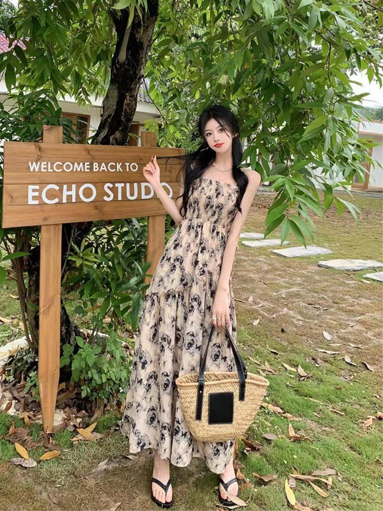 Nestkanina Floral Print Summer Maxi DRS024 Off-the-Shoulder Dress, Simple, Length, Long, Cool, High-Waisted, Flared, A-Line, Women's, (L, Black)