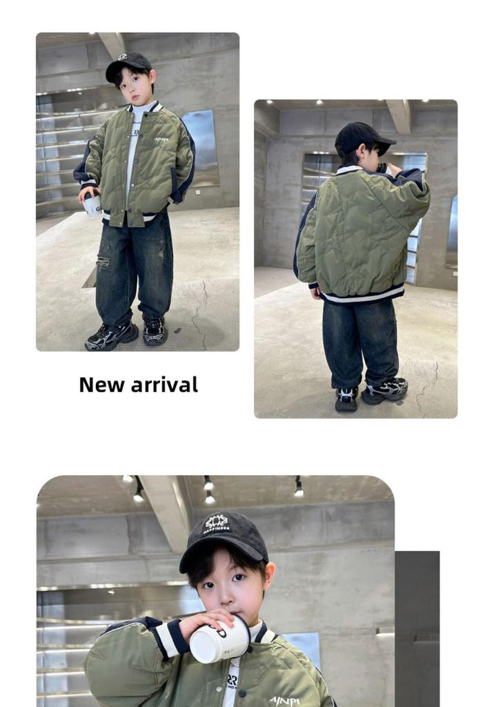 Gepolsterte doppellagige Baumwoll-Baseballjacke für Jungen - Herbst/Winter 2025, Verdickt für mittelgroße bis große Kinder