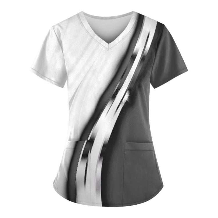 Plus Size Scrub Tops Women V Neck Short Sleeve Work Uniform Printed Tee With Pockets Fun T Shirts Workwear