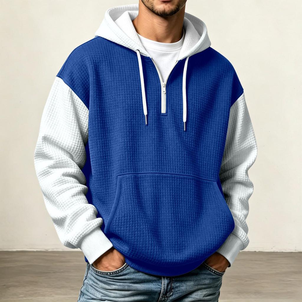 Men's Half-Zip Hooded Sweatshirt Knit Color Block Casual Pullover