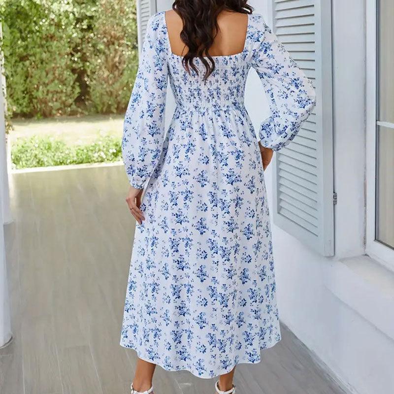 Women's Summer Elegant Square Neck Long Sleeve Split Floral Long Dresses