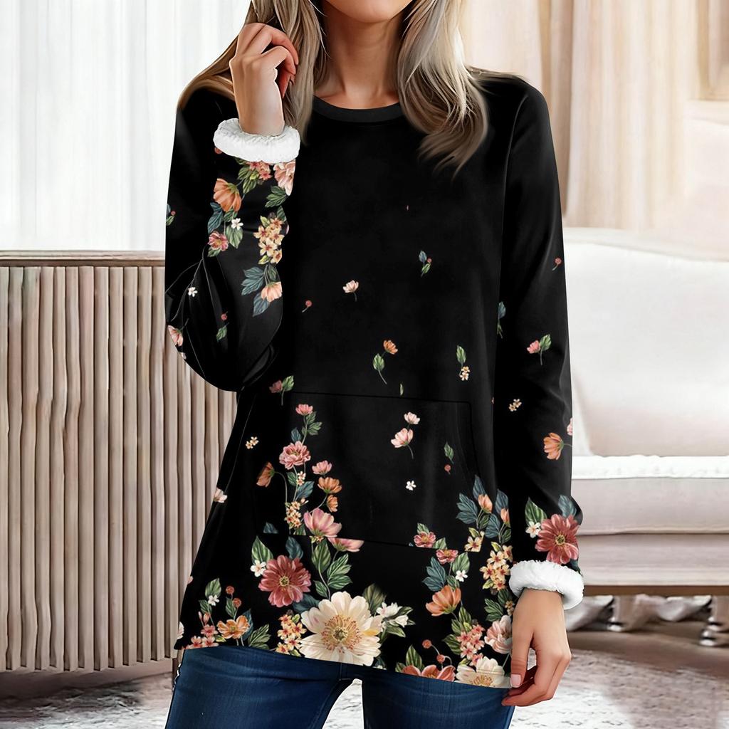 Women's Fashionable Printed Round Neck Long Sleeved Plush Warm Pullover Top
