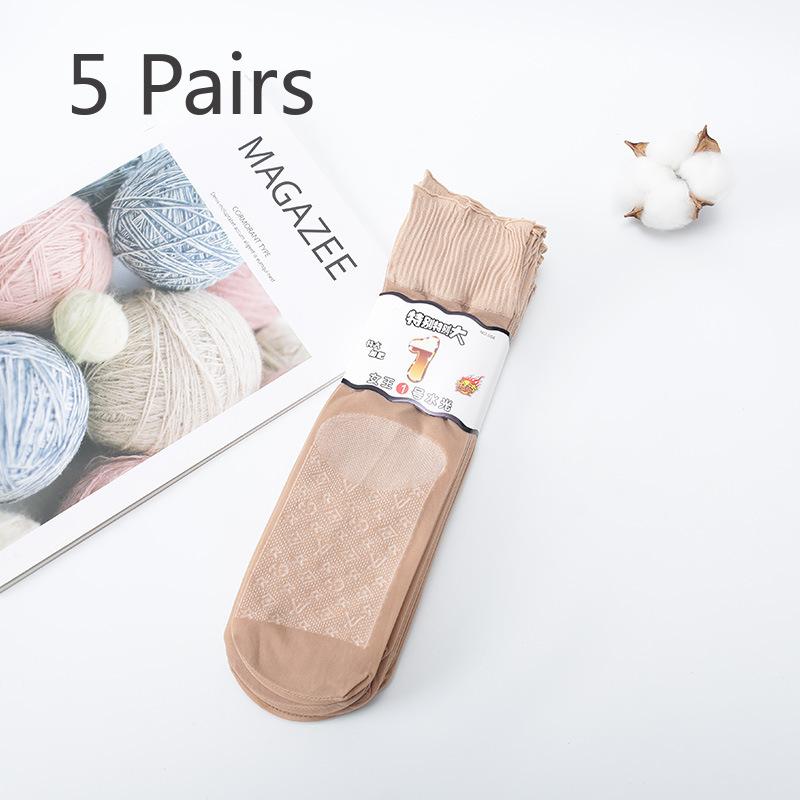 5 Pairs of Extra-large Loose Mid-tube Cotton Bottom Anti-slip and Wear-resistant Thin Steel Wire Socks, Flesh-colored Anti-hooking Short Threads
