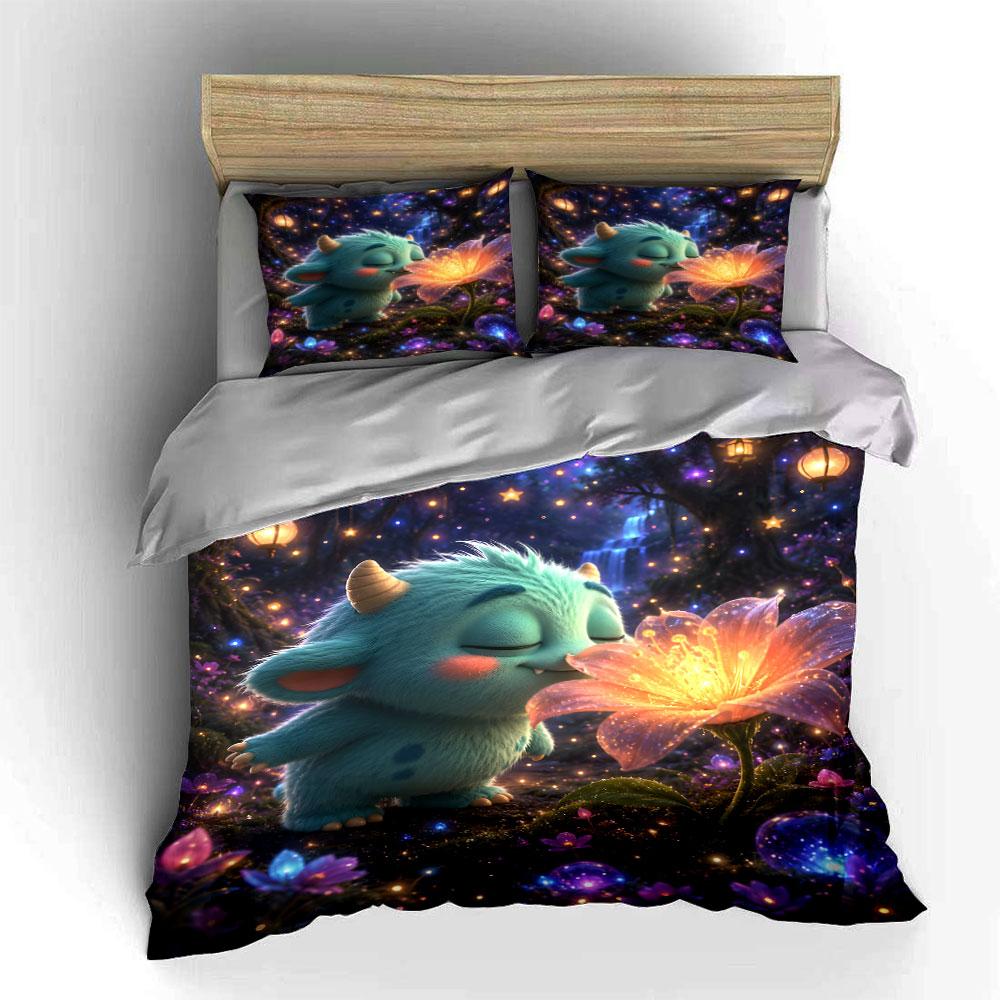 Cute Monster In Magical Forest Bedding Duvet Cover Set  (1*Duvet Cover 2*Pillowcases, Without Duvet Insert)
