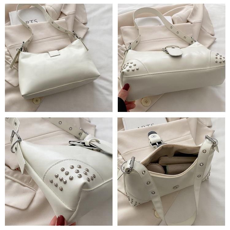 Retro Distressed Faux Leather Shoulder Bag for Women, Biker Style Rivet Pin Closure Clutch, Trendy Baguette Crossbody Handbag CLE