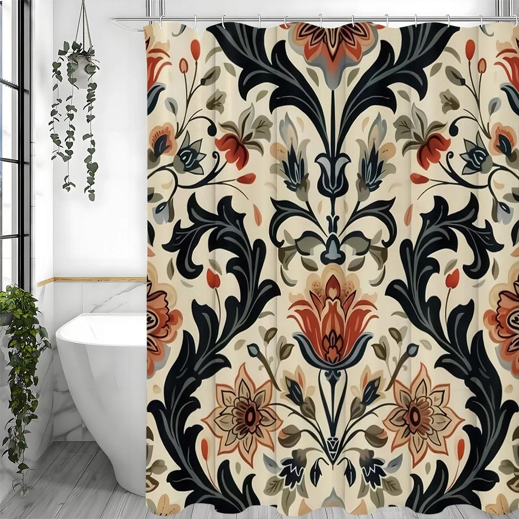 Vintage European Floral Shower Curtain, Bathroom Decorative Shower Curtain, Waterproof Shower Curtain with Hooks
