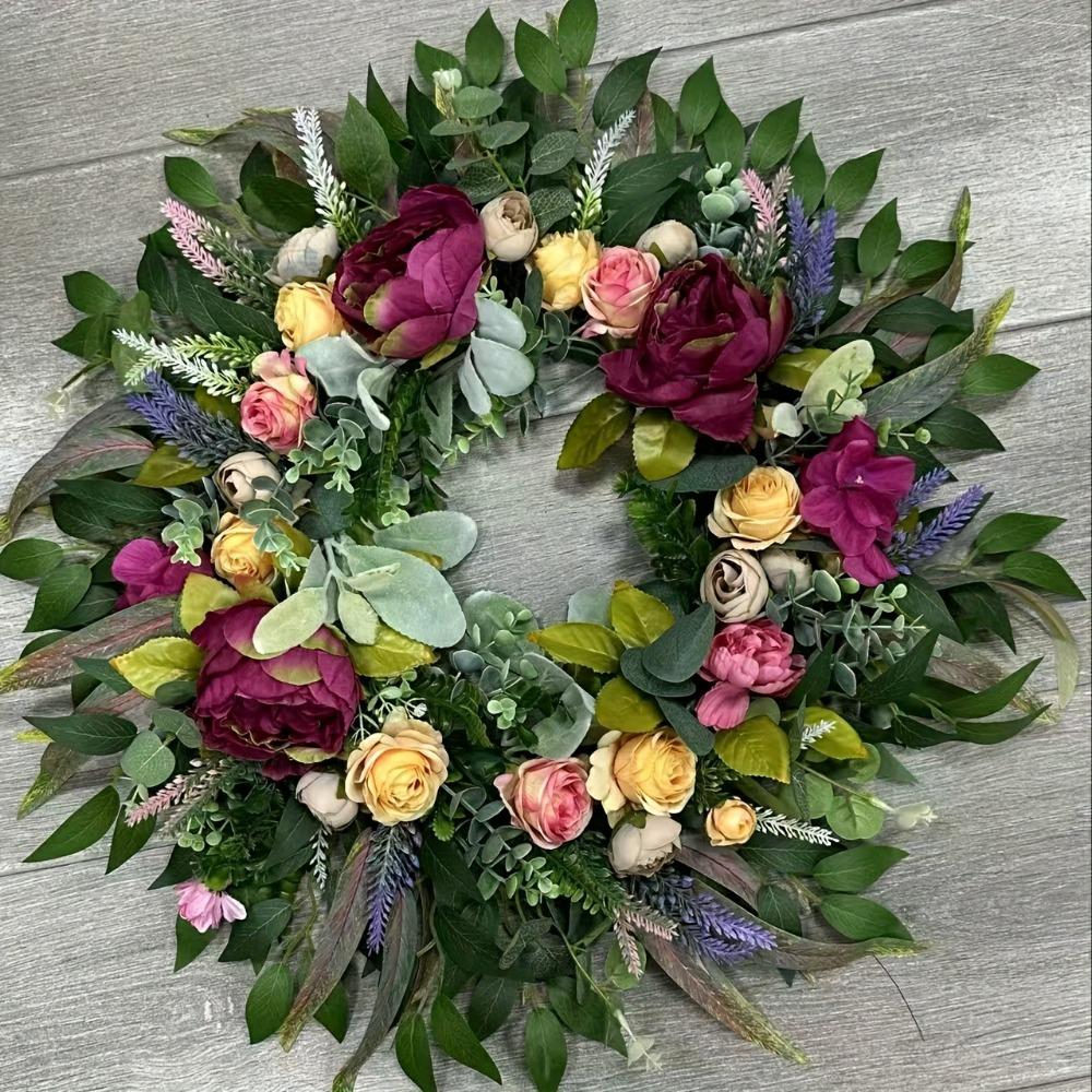 Artificial Wreath Peony Rose Garland with Leaves Vine Spring Summer Front Door Hanging Wreath for Farmhouse Office Home Wedding