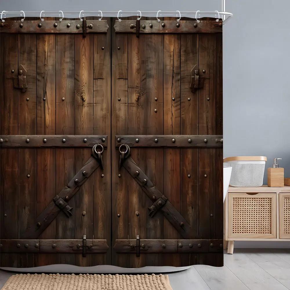 Vintage Wooden Door Shower Curtain Rustic Door Window Wheel Botanical Barn Polyester Shower Curtains Bathroom Decor with Hooks