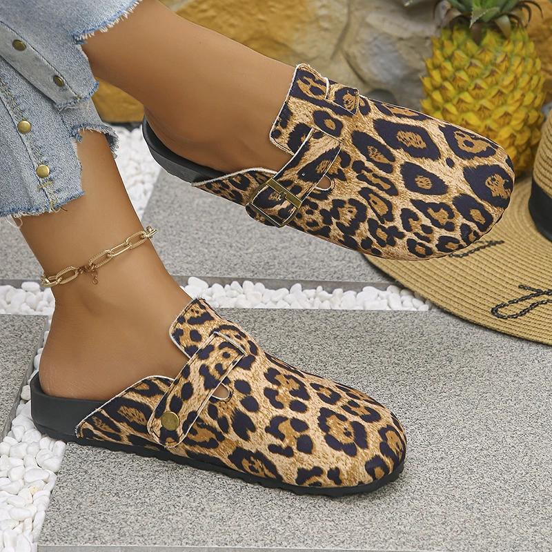Fashion Fashion Leopard Print Mules Slippers Women 2025 Plus Size 35-42 Platform Clogs Shoes Woman Buckle Design Half Slippers Female