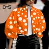Giacca da donna con colletto alto, stampa a pois abbinata, chiusura con cerniera, corta, ampia, a maniche lunghe, cardigan casual da donna