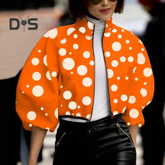 Giacca da donna con colletto alto, stampa a pois abbinata, chiusura con cerniera, corta, ampia, a maniche lunghe, cardigan casual da donna