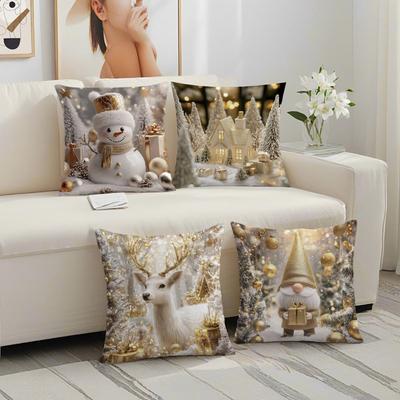 Christmas Pillowcase - Gold Snowman, Gnome, Reindeer Print Pillow Cushion