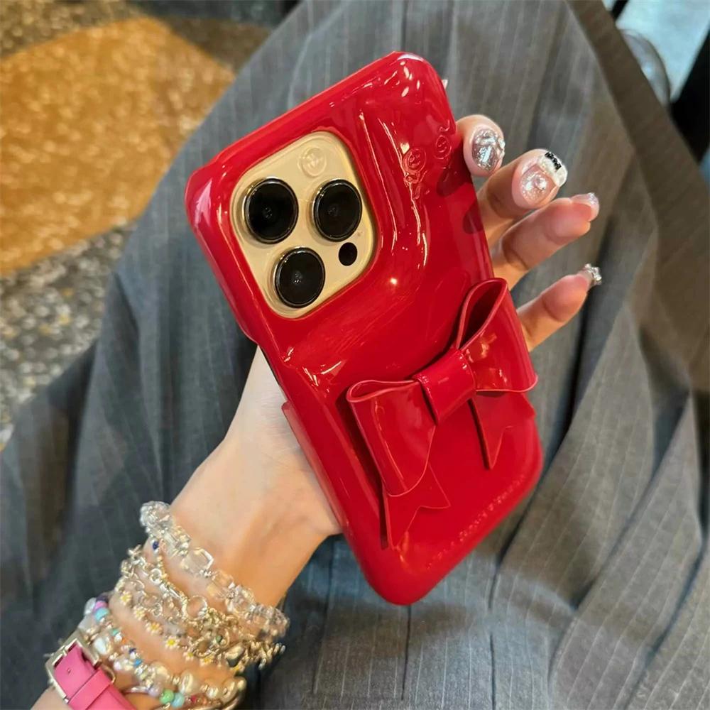 INS Korean Vintage Red 3D Bowknot Leather Phone Case For iPhone 17 16 15 14 13 12 Pro Max Creative Glossy Soap Soft Cover