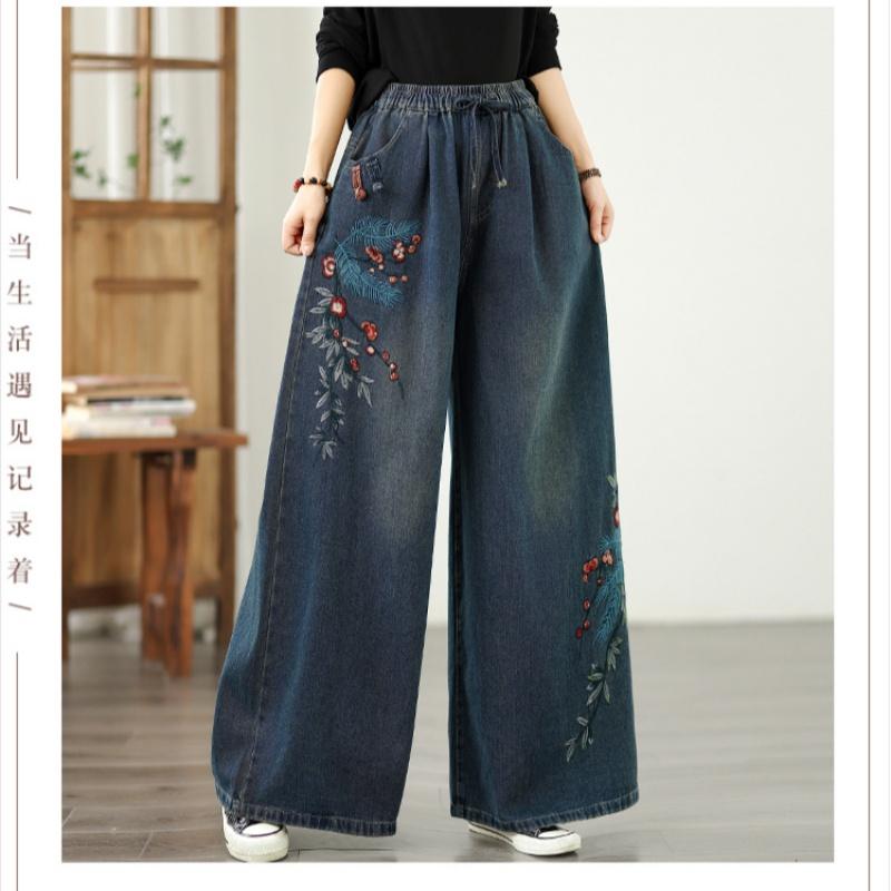 Plus Size Vintage Floral High Waist Casual Loose Women Spring Summer Autumn Jeans Denim Wide Leg Pants