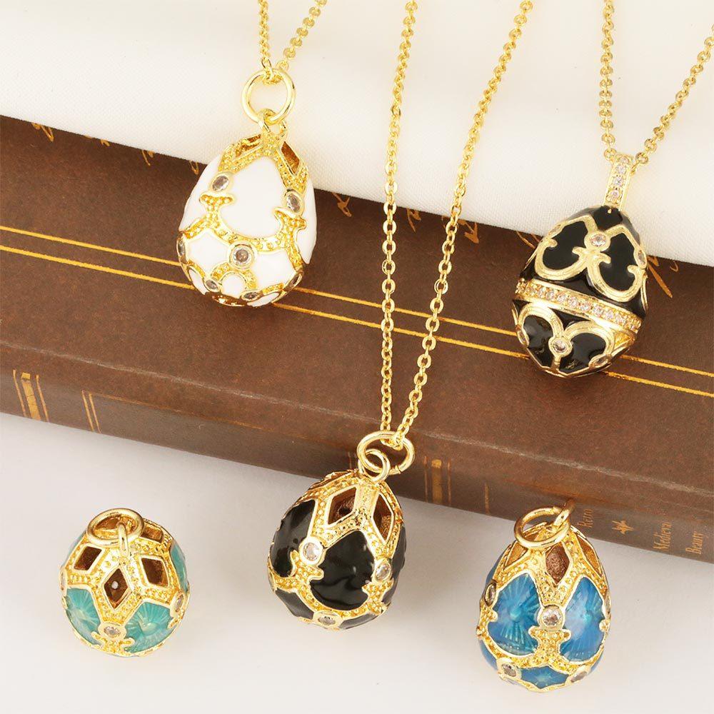 Women's Elegant Vintage Inlaid Diamond Temperament Water Drop Hollow Egg Pendant Necklace Copper 18K Gold Plated Jewelry
