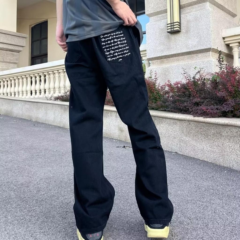 American high street black micro-pull jeans men's new Chinese embroidered straight-leg pants trendy brand silhouette flared pants