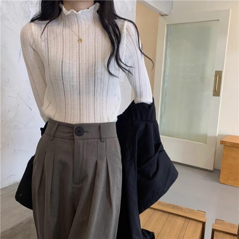 

Осень и зима Новый стиль полувысокий воротник длинный рукав трикотаж женский французский ретро облегающий универсальный базовый топ рубашка One size