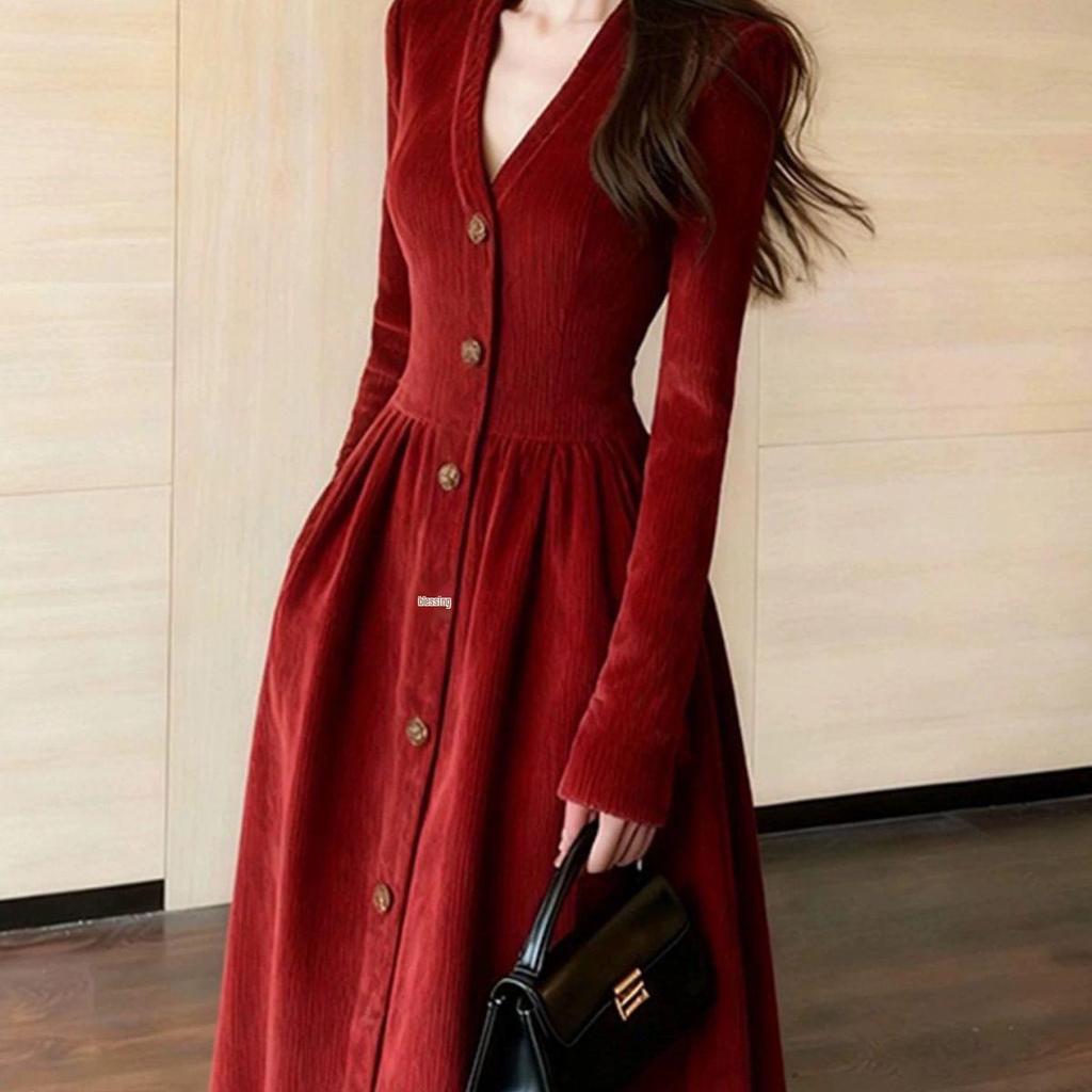 Elegant Red Corduroy Winter Dress with Fleece Lining and Luxury Finish
