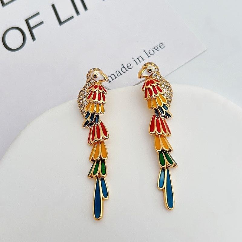 Creative And Cute Parrot Bird Colored Glazed Stud Earrings, Unique Personality Zircon Earrings, Light Luxury Fashion Trend Earrings