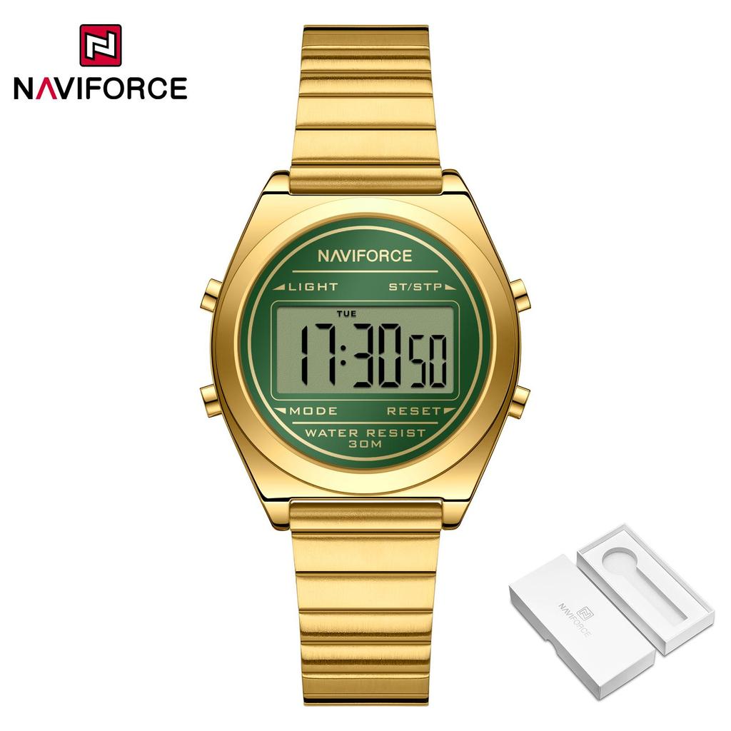 Naviforce Original Women Digital Watch Stainless Steel Strap Waterproof Calendar Chronograph Night Pattern Lady Girl Casual Fashion Watch NF5066