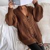 Cross-border V-neck Sweater Women's Loose Casual Lazy Wind Coarse Needle Jacket, New Twist Medium and Long Cardigan In Autumn and Winter