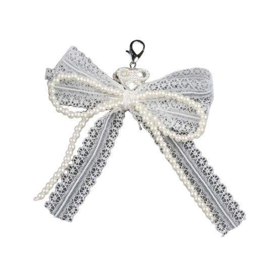 Lace Bow Shoe Charm for Sneakers Faux Pearls Beaded Bowknot Removable Bow Charm Accessory for Women Girls Shoes Bags Keychains