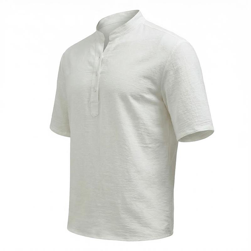 Men s White Linen Blend Stand Collar Half-Button Short Sleeve Shirt 2XL белый