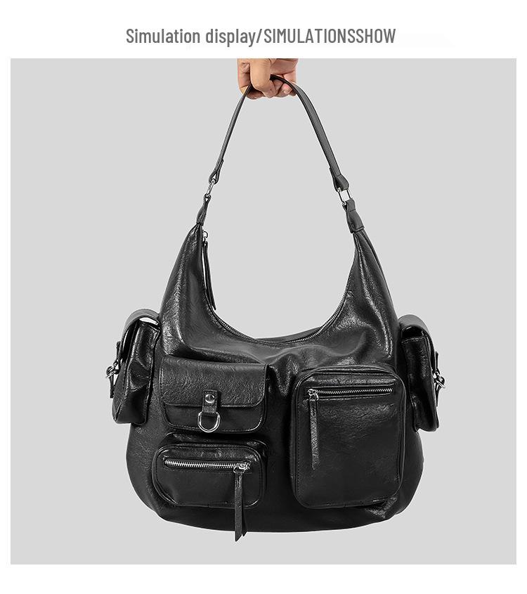 2024 Retro Multi-Pocket PU Motorcycle Shoulder Bag - Large Capacity Punk Style Handbag for Women