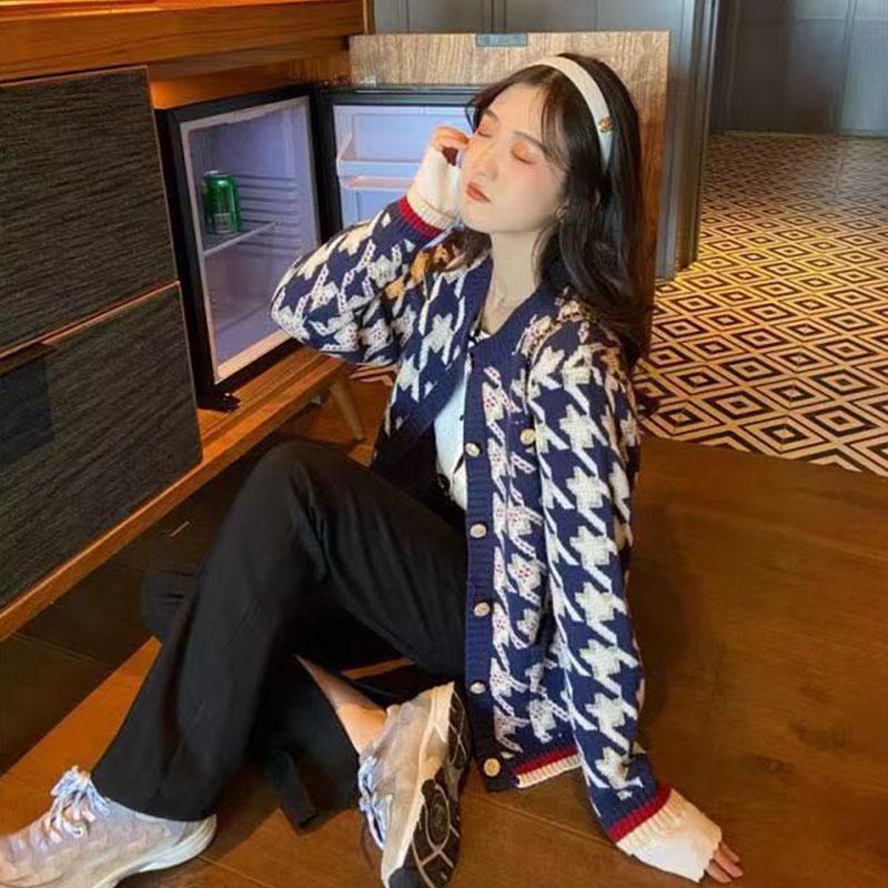 Podzimní a zimní móda 2023 Nový kabát Pletené Top s kulatým výstřihem Dámské Univerzální svetr Houndstooth Jednořadý cardigan