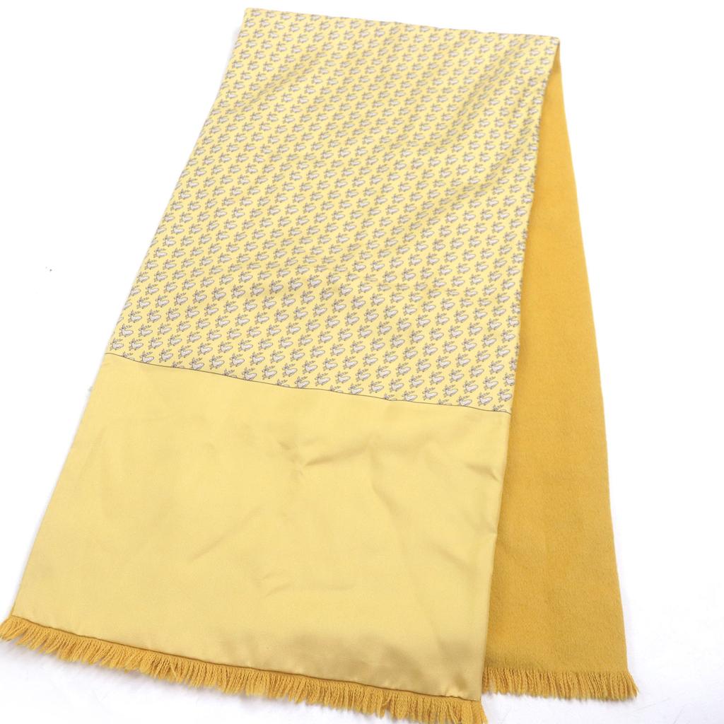 Excellent HERMES Scarf Deer Print Fringe Shawl Yellow Silk Mens Used