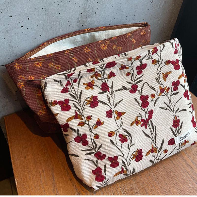 Makeup Bag for Women Portable Corduroy Vintage Flower Travel Wash Mobile Phone Storage Bag Girl Make Up Case Pouch