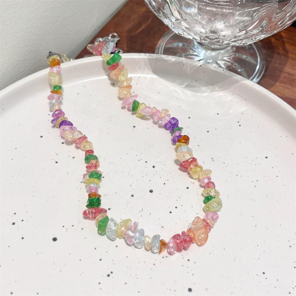 JMXD-Candy Color Irregular Glass Bead Necklace Natural Stone Embellishment Small Fresh Personalized Design Fashion Collarbone Chain Trend Must-have