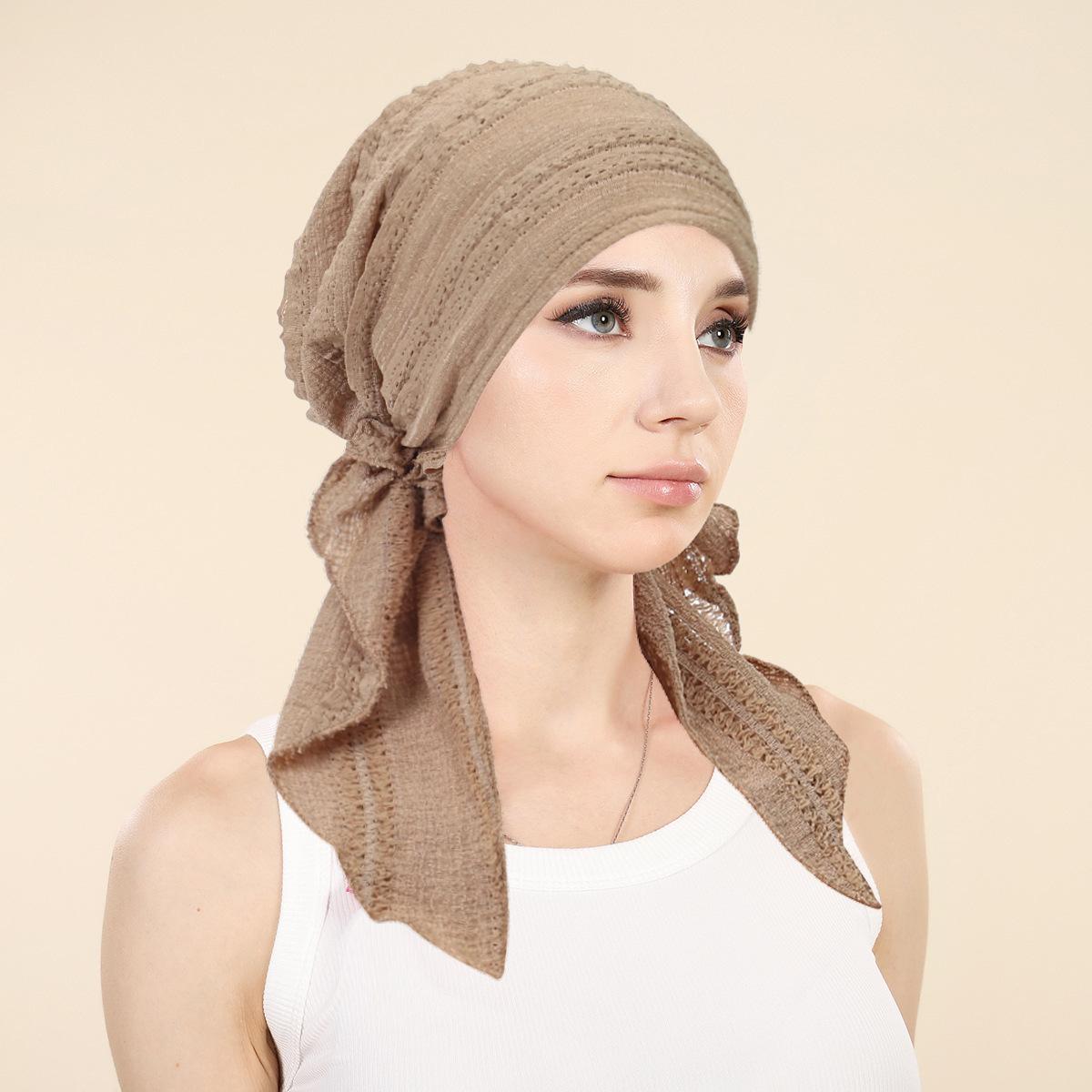 

Ramadan Solid Color Turban Hijab Hat Long Tail Head Wraps Muslim Breathable Cap for Women хакі