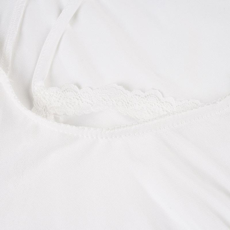Spicy Girl Mesh Patchwork White Two-Piece Style Ruffle Trim Sheer Long Sleeve Top