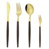 4Pcs Gold Cutlery Set Stainless Steel Dinnerware Wooden Handle Tableware Glossy Knife Fork Spoon Western Kitchen Silverware Set