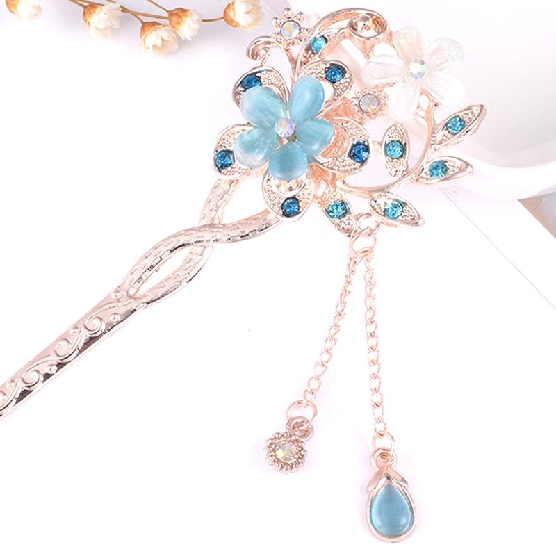 Haarnadel im chinesischen Stil mit Katzenaugenstein, Doppelte Blume, Schüttel-Schritt-Haarstab, Elegante Dutt-Haarnadel & Haaraccessoire