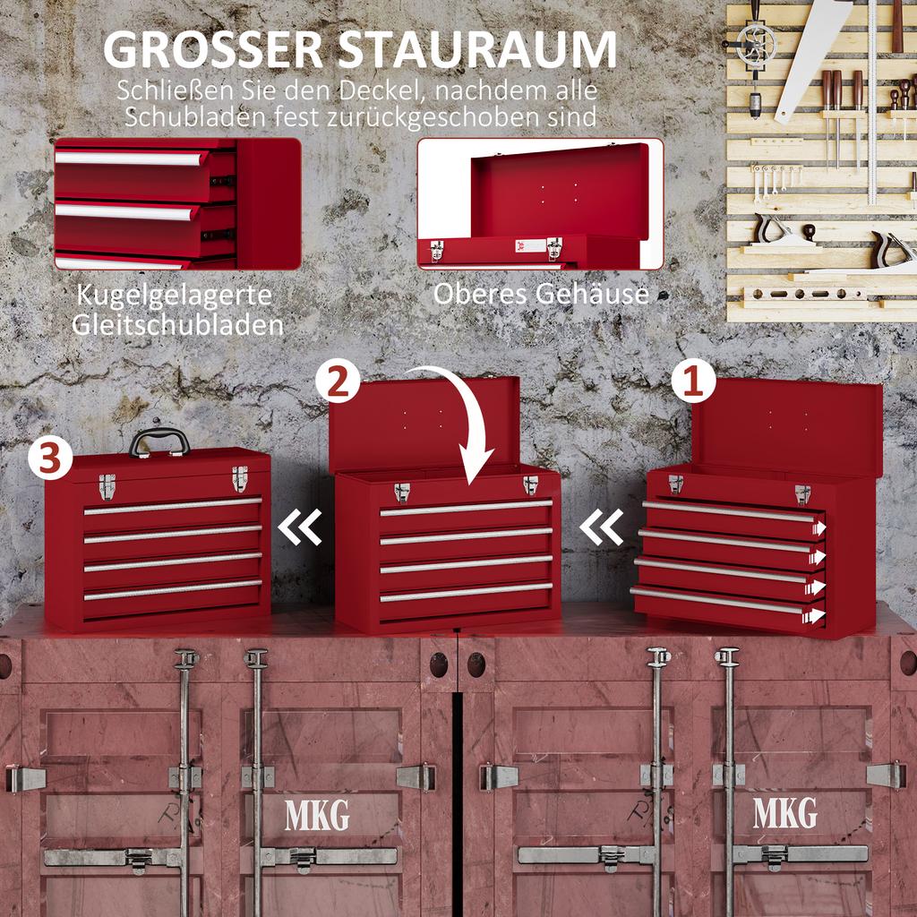 Lockable Metal Tool Box, 4 Drawer Tool Chest with Latches, Handle, Ball Bearing Runners, Red