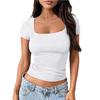 Women's Square Neck Short Sleeve Crop Top Slim Fit Sexy Solid Knit Casual Tee