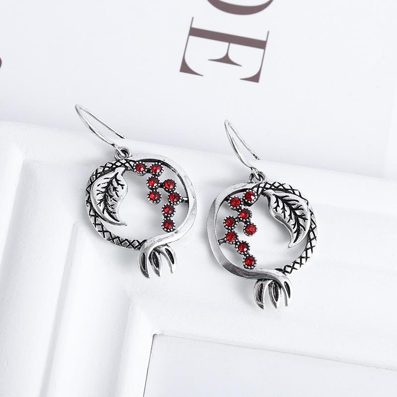 New Red Pomegranate Earrings Womens Fashion Retro Antique Silver Earrings Accessories