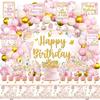 Bunny Birthday Decorations for Girls, 143Pcs Pink Bunny Rabbit Party Decor Supplies for Boy Girl Birthday - Backdrop, Banner, Balloons, Tablecloth,
