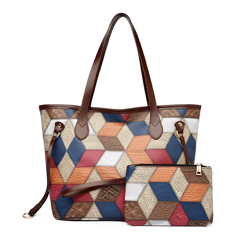 Contrasting color plaid splicing shoulder handbag